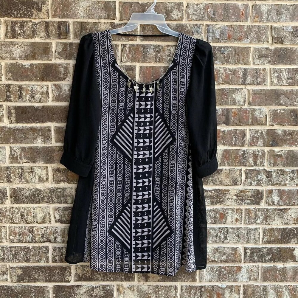 Women's Pencil Dress Short 3/4 Sleeves w/Necklace Black White Size L